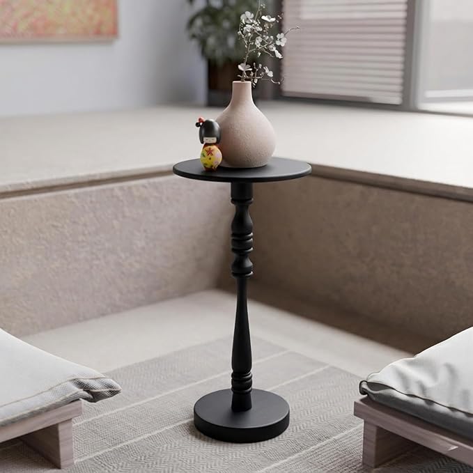 Relso Stambha Solid Wood Drink Table - 24" Tall Round Accent Side Table, Handcrafted Black Finish, Mango Wood, Perfect for Living Room, Bedroom or Indoor Plant Stand, 12" Compact Top