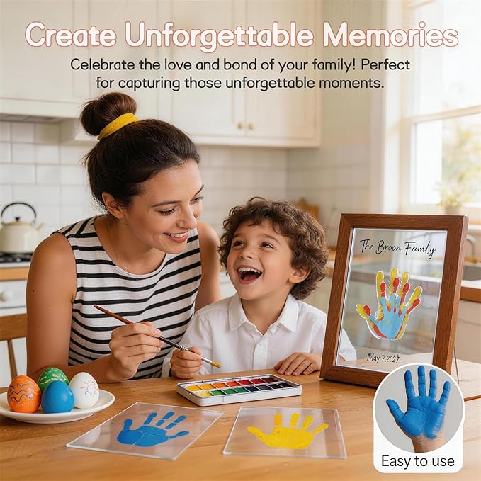 Family Handprint Kit, DIY Keepsake Frame with Wooden Frame, Non-Toxic Paints, Transparent Sheets, Baby Handprint Kit, Family Craft Gift for New Parents,Mothers Day, Fathers Day