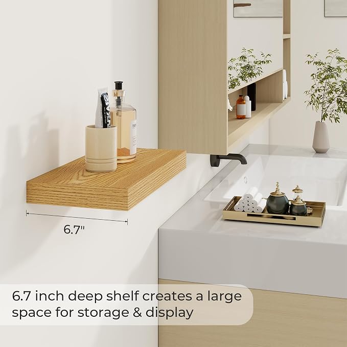 Dreamland 16" Floating Shelves 6.7" Deep Wall Mounted Set of 2 | Wall shelves for bathroom, bedroom, Living Room, kitchen, deep wall mount wood storage display for home decor 16" x 6.7"