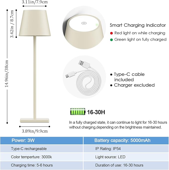 2-Pack LED Cordless Table Lamp, Rechargeable Battery Desk lamp 5000mAh Battery Operated Stepless Dimming Modern Portable Table Light for Restaurant/Bedroom/Outdoor IP54 Waterproof (Off White)
