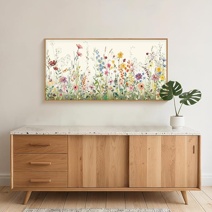 Large Watercolor Colorful Wildflower Framed Canvas Wall Art Set,Modern Natural Floral Botanical Wall Decor,Vibrant Flower Butterfly Landscape Artwork for Living Room, Bedroom,Office- 40"x20"x3