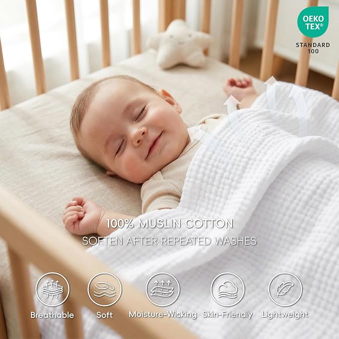 David's Home 100% Cotton Muslin Throw Blanket for College Dorm, 4-Layer Soft Breathable Lightweight Comfy Cozy Throw Guaze for Hot Sleepers, 3D Bubble Room Decor for Bed, Giftable, White, 50"x70"