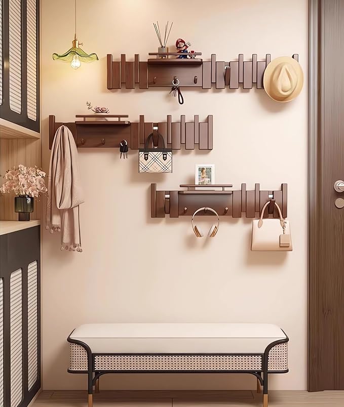 Wall Mounted Coat RackHooks Piano Key Hangers Natural Solid Wood Hanger Non-Woven Fabric Clothes Hangers for Closet, Kitchen, Bedroom, Bathroom, Entryway (Innovate-Walnut, 12 Hooks)