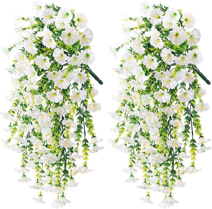 Ivydale 2 PCS Artificial Hanging Flowers Fake Plants for Winter Christmas Outdoor,Faux Silk White Morning Glory with Eucalyptus UV Resistant Realistic Hanging Petunias Vines for Home Garden Decor