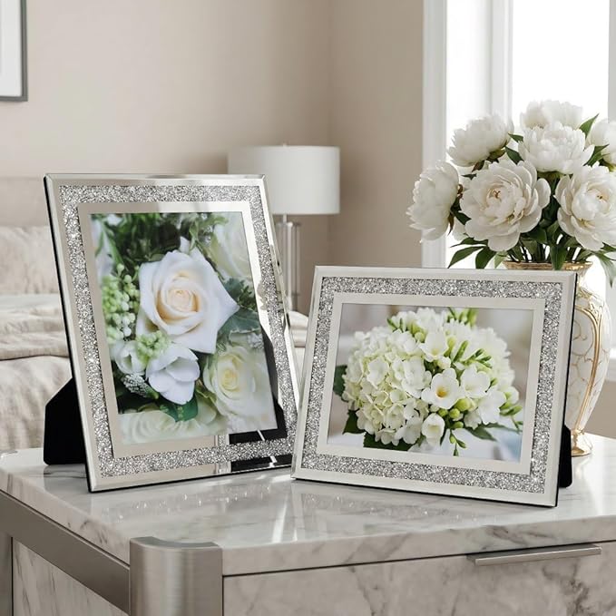 Crushed Diamond Wedding Mirror Photo Frame, Crystal Silver Glass Picture Frame For Photograph Size 8x10 inch, Pack of 2 Pieces, table top Stand frame & Wall Frame. Bling Sparkle Crushed Diamond Home