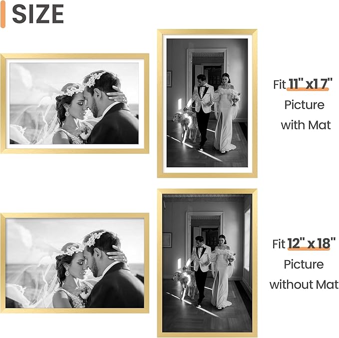 upsimples 12x18 Picture Frame, Display Pictures 11x17 with Mat or 12 x 18 Without, Wall Hanging Poster Frames, Gold, 1 Pack