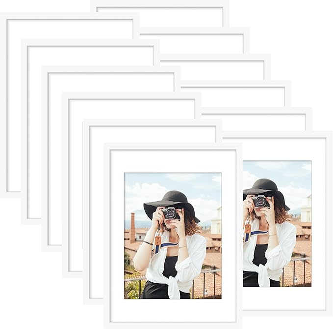 Picrit 11x15 Picture Frame Set of 12, Display 8.5x11 with Mat or 11x15 without Mat, Photo Frames for Wall Mounting Display, White