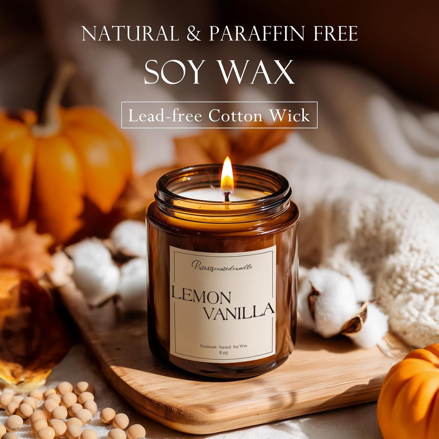 Lemon Vanilla Scented Candle for Home, Natural Soy Wax Aromatherapy Non Toxic Candle Gifts for Women & Men, Handmade Highly Scented & Long Lasting Jar Candle for Stress Relief (9oz)