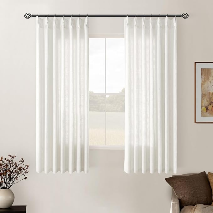 TWODRAPES Beige White Pinch Pleated Linen Curtains 2 Panels for Living Room Bedroom Memory Training Shaped Semi Sheer Pleat Drapes with Hooks Rings Light Filtering Window Curtain 40x54