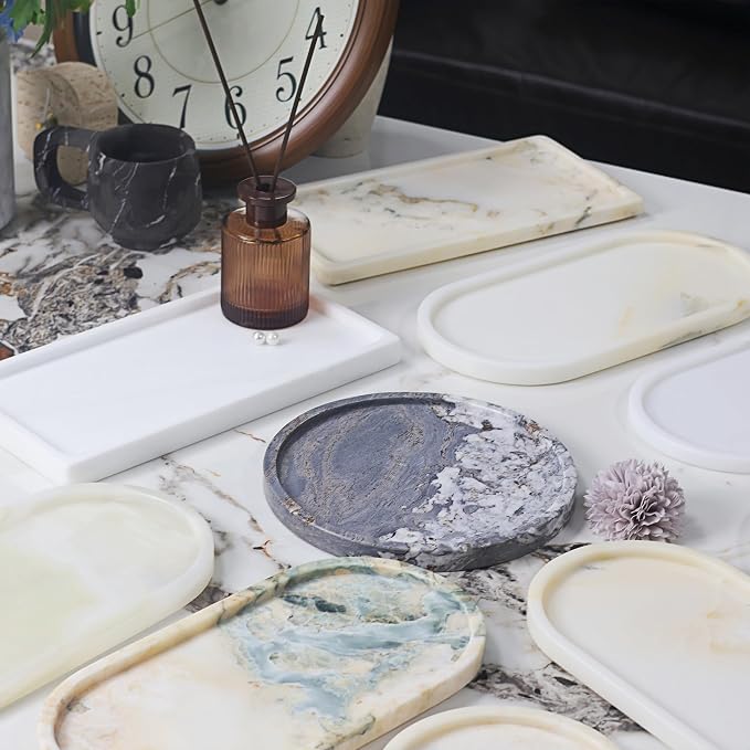 Natural Marble Vanity Tray, Round, 8.3 Inch, with Anti-Slip Pads, for Bathroom, Jewelry, Perfume Display, Coffee Table Decor (White SkyBlue)