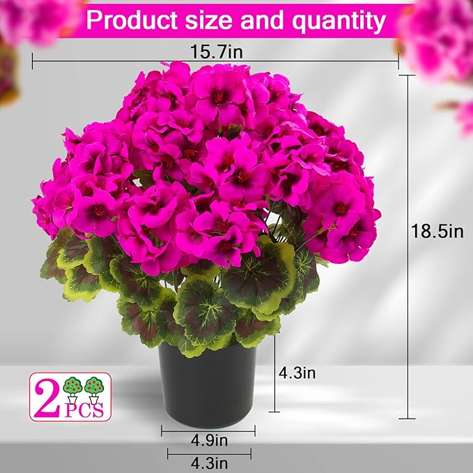 lovemoon 2Set Geranium Potted Artificial Flowers,Fake Geranium Plants for Outdoor Home Décor Office Tables Porch Garden Decor (2, Rose Red)