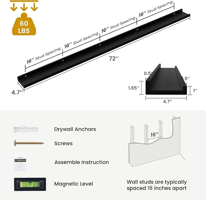 Acovy Picture Ledge Shelf, 72 inch, Black, Solid Ash Wood, Set of 2 | Floating Shelves, Wall Mounted, For Living Room Kids' Room Bedroom