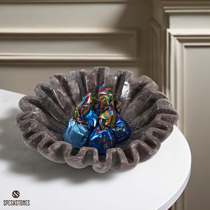 Marble Small Decorative Bowl 6 Inch Handmade Stone Ruffle Bowl, Scalloped Bowls for Table Centerpieces & Housewarming Gifts, Fluted Ring Dish, Fruit & Key Bowl for Entry Table