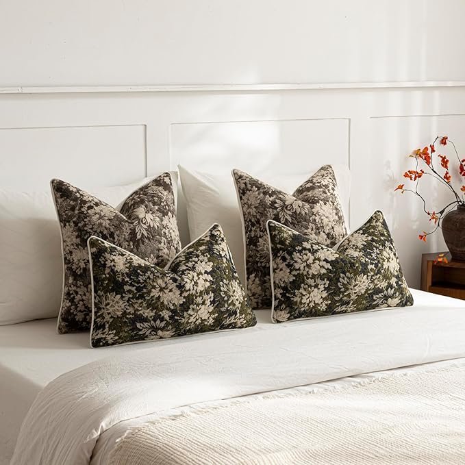 DEZENE Pack of 2 Vintage Floral Throw Pillow Covers 22x22 Boho Farmhouse Accents Chenille Square Decorative Pillow Cases for Living Room Couch Bed Home Decor, Grey