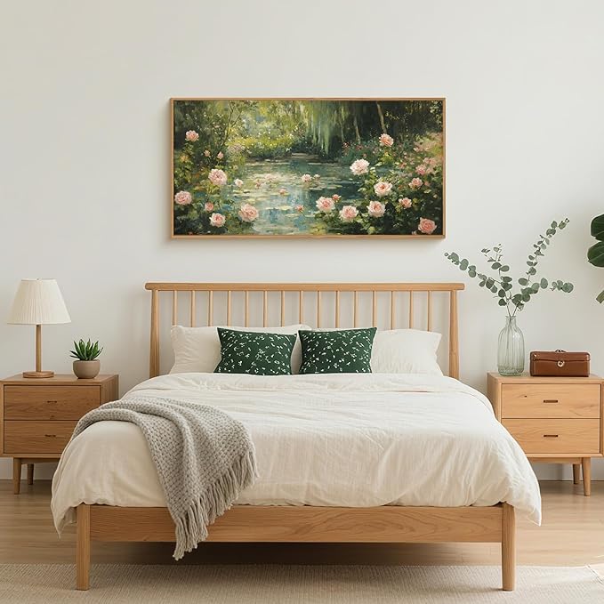 Water Lilies Monet Framed Canvas Wall Art Set,Garden Pond Impressionist Floral Wall Decor,Vintage Oil Green Vibrant Flower Botanical Artwork for Living Room, Bedroom,Farmhouse-40 x20 x1