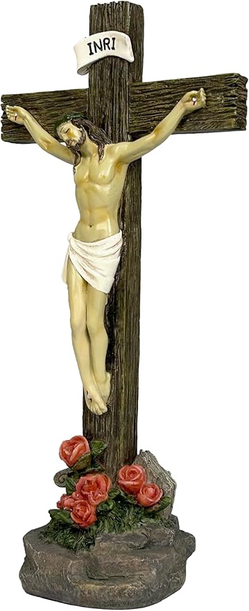 JORAE Jesus Crucifix Statue Standing Cross Decoration Praying Religious Figurine Jesus Christ Catholic Display Resin Tabletop Home Decor, 10" H
