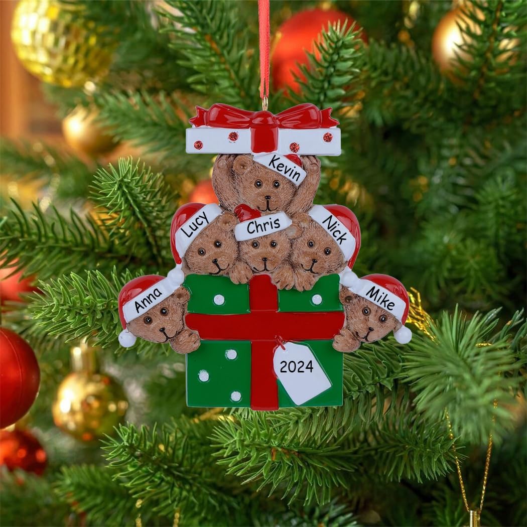 Personalized Bear Family Christmas Ornament 2024, Family of 6 Bear with Gift Box Ornaments for Christmas Tree, Personalized Bear Christmas Ornament, Unique Handmade Teddy Bear Christmas Ornament