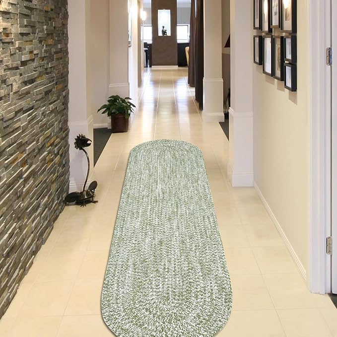 Superior Indoor/Outdoor Runner Rug, Dual-Tone Reversible Braided Floor Decor for Patio, Front Porch, Entryway, Living Room, Office, Nursery, Artistic Home, 2' x 8' Oval, Green-White