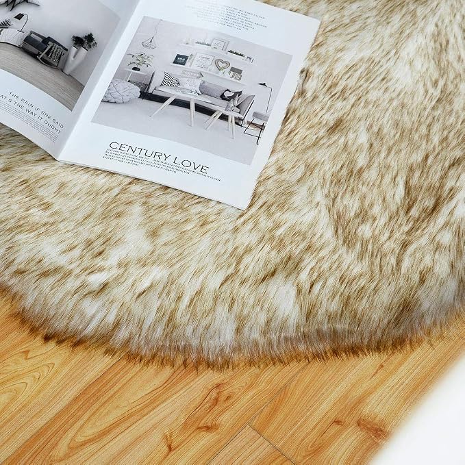 Carvapet 2-Piece Faux Sheepskin Chair Cover Set - White Brown Tips Luxury Plush Fur Seat Cushion, 2x3ft Symmetrical Bedside Rug 2-Pack for Sofa Bed