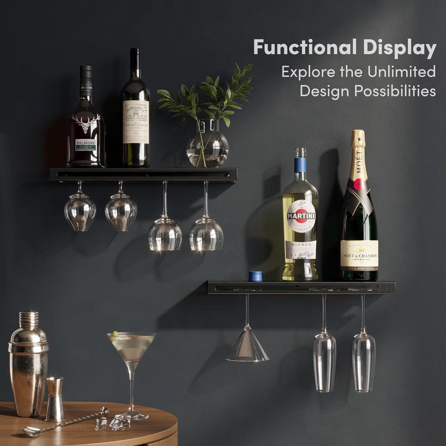 Wall Mounted Wine Rack – Metal Floating Bar Shelf with Bottle and Glass Holder, Holds 5 Bottles and 4-6 Glasses