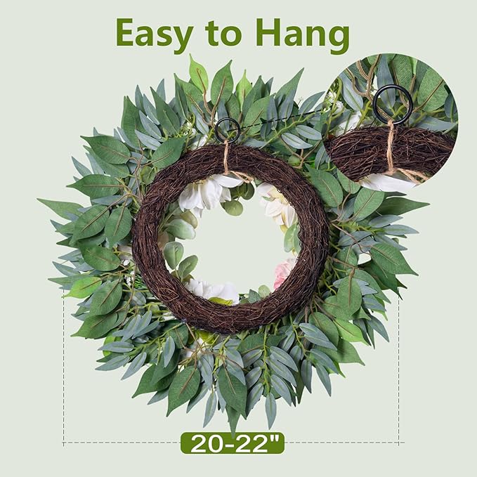 Spring Summer Wreath for Front Door, 22" Artificial Silk Peony Eucalyptus Floral Wreaths for Indoor Outdoor, Farmhouse Greenery Home Decor for Holiday Housewarming