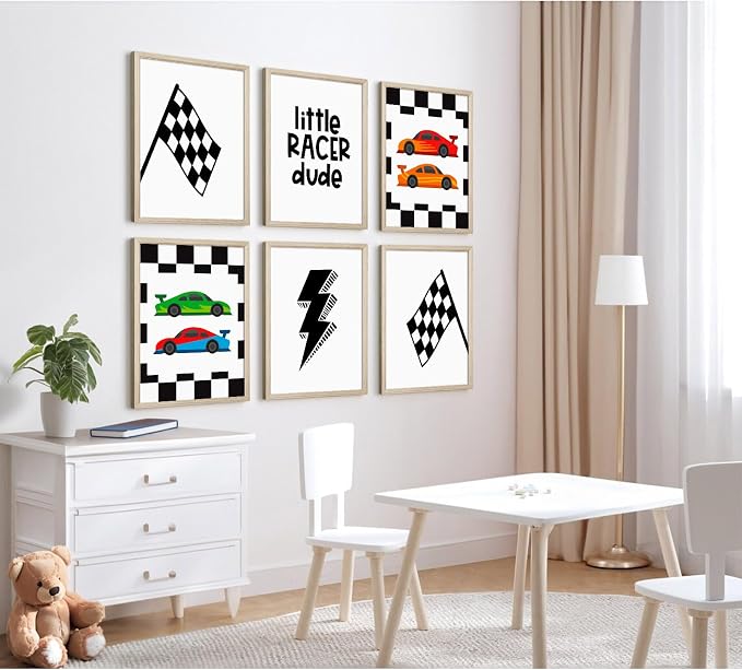 Race Car Wall Art Pictures Boys Room Wall Decor Nursery Toddler Canvas Wall Art Kids Playroom Art Prints Boys Race Car Poster Nursery Artwork Set of 6 for Bedroom 8x10 Inch Wood Framed
