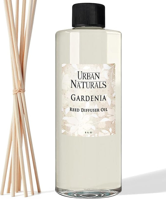 Urban Naturals Reed Diffuser Oil Refill Gardenia with Jasmine, Ylang Ylang, Tuberose, Amber 8 oz + Free Reed Sticks, Made in the USA