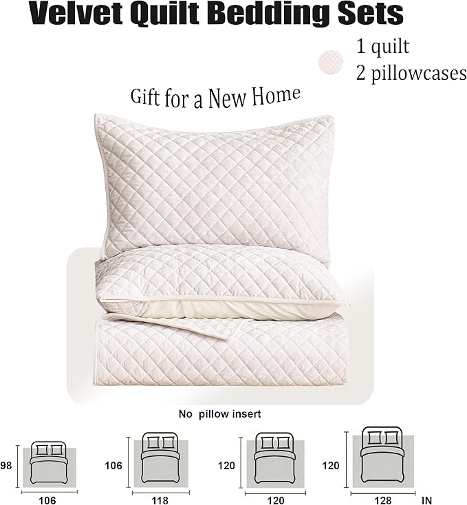 Velvet California King Quilt Size Set 106x118 Luxury Soft Bedspread Coverlet 3-Piece King Comforter Sets with 2 Pillow Shams 20x36 Super Cozy for All Season Velvet Bedding Set, Cream white