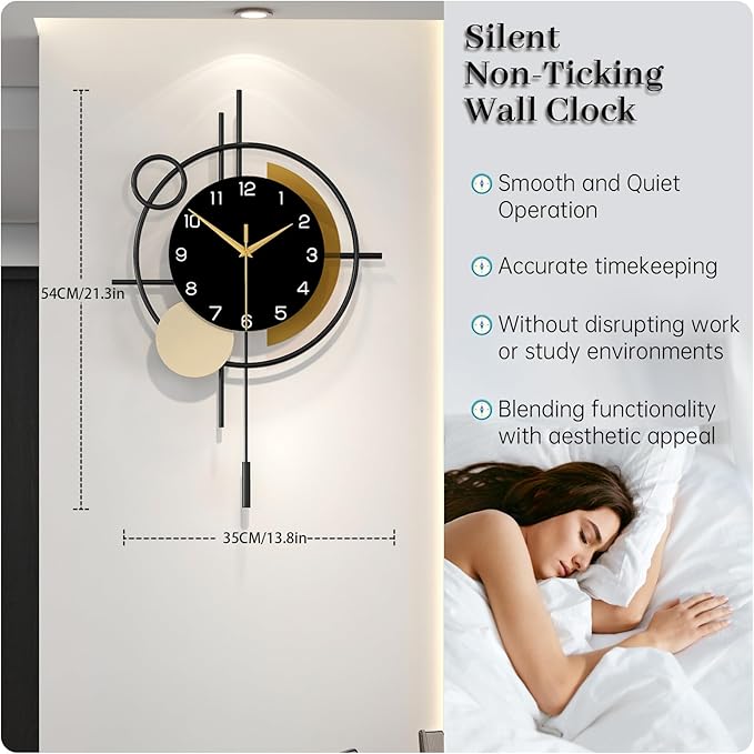 Wall Clock for Living Room Decor Decorative Wall Clock with Pendulum Silent Quartz Battery Operated Black Metal Large Clock for Dining Room,Kitchen,Home,Bathroom,Bedroom,13.8x21.3 in
