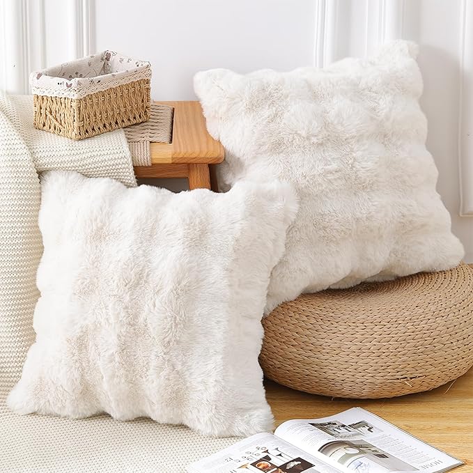 MADIZZ Pack of 2 Thick Plush Faux Wool Throw Pillow Covers Soft Boho Throw Pillows Luxurious Cushion Covers for Couch Sofa Bedroom Living Room Home Decor 22x22 Inch Cream