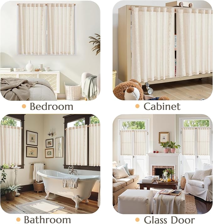 jinchan Ivory Floral Embroidered Short Linen Curtains 54×54 Inches 2 Panels | Light filtering, back tab, rod pocket, cafe curtains for kitchen bedroom living room, cottage farmhouse, small window