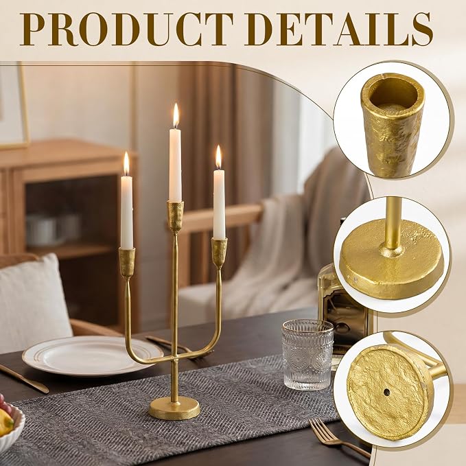 2 Pcs 16 Inch 3 Arm Metal Candelabra Cast Iron Taper Candelabra Vintage Tall Candle Holder Decorative Candlestick Holder for Wedding Antique Table Centerpiece & Mantel Decor (Gold)