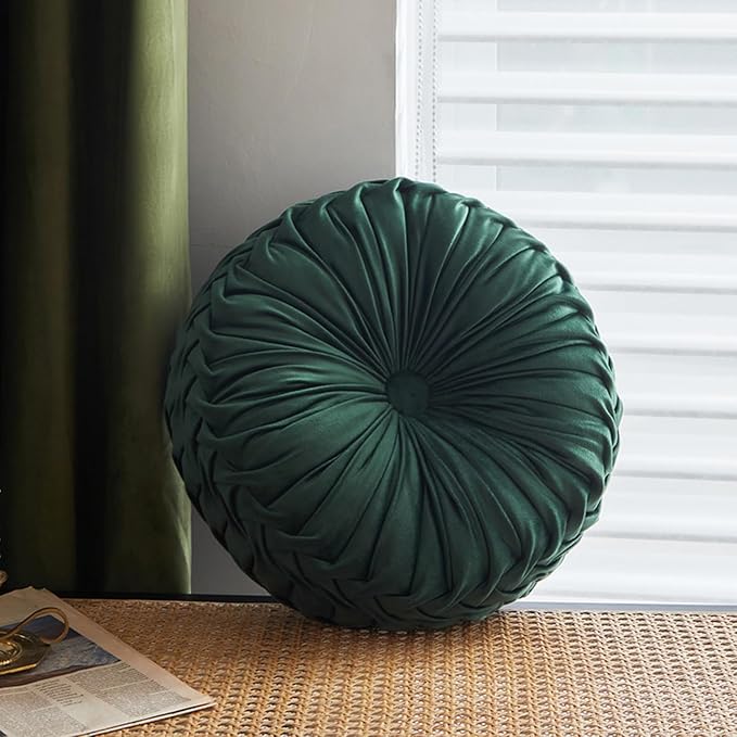 15" Round Pillow for Couch, Circle Velvet Pleated Throw Pillow,Decorative Round Floor Cushion,Pumpkin Chair Cushion for Bed Chair Car Sofa Home Decor Dark Green