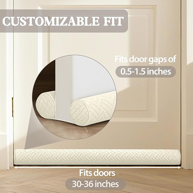 Ciieyuo Velvet Under Door Draft Stopper, Noise Blocker & Soundproof Door Seal, Blocks Cold Air, Light & Smoke, Easy Install Under Door Gap Filler, Door Sweep for Bottom 30"-36" White Beige
