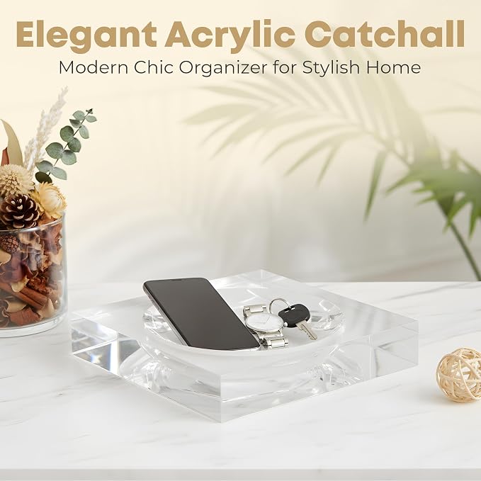 Clear Acrylic Catchall Tray - Decorative Jewelry Dish & Vanity Organizer for Keys, Rings, Earrings | Modern Minimalist Home Decor for Dresser, Nightstand, Entryway