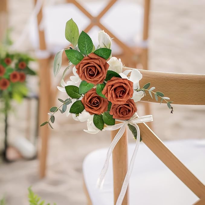 Mocoosy 50Pcs Burnt Orange Flowers Artificial Rose, Rust Fake Rose for Decoration, Real Touch Terracotta Foam Roses with Stems Wedding Bridal Shower Mother's Day Floral Arrangement Party Home Decor