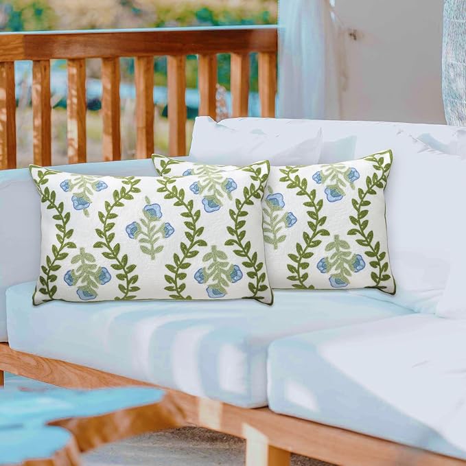 Set of 2 Embroidered Decorative Throw Pillow Covers Couch Square Pillowcases Cushion for Bedroom Sofa Farmhouse Decor 12x20 Inch (Blue Floral-Lumbar)