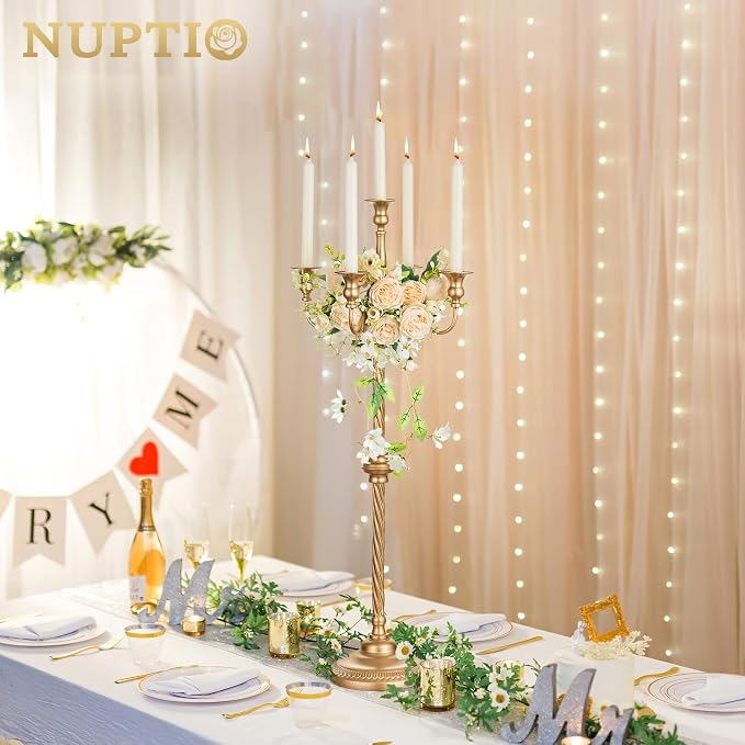 Nuptio Tall Gold Candelabras 34 Inch Candle Stick Holders Set of 2 Floor Candle Stand Taper Candle Holders for Classic Wedding Mantal Christmas Halloween Easter Home Table Centerpiece Decoration