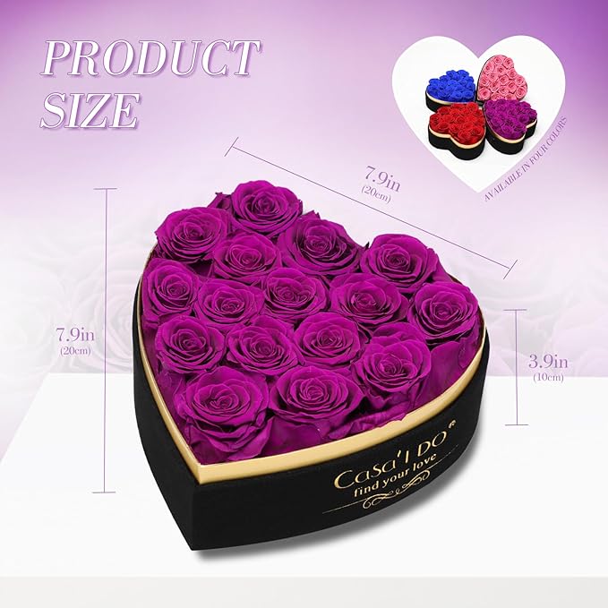 Casaido Preserved Roses Flowers for Delivery 16 Pcs, Mothers Day Rose Gifts for Her, Forever Flores in Heart Box with Necklace, Anniversary Birthday Christmas Vanlentines Gift for Wife Mom, Purple