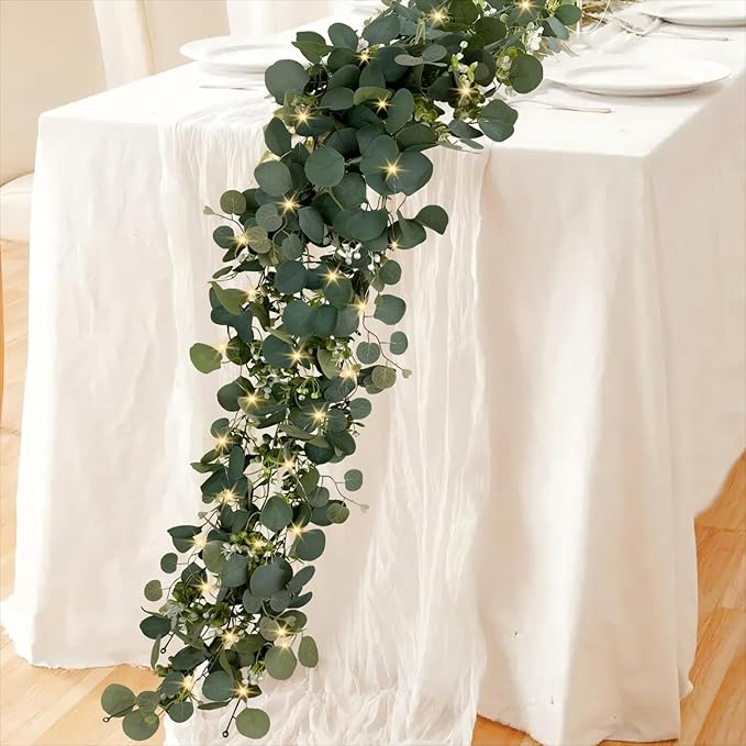 Eucalyptus Garland with Lights, 2 Packs 6FT Green Flower Garland Decor, Artificial Faux Eucalyptus Leaves Greenery Vines for Table Runner Wedding Centerpieces Backdrop Decorations (Warm Color)