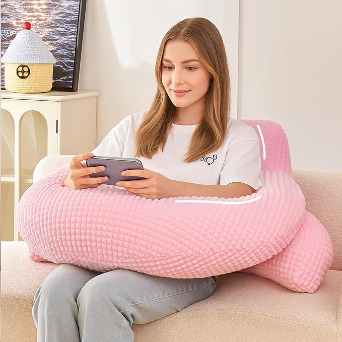17" Reading Pillow for Bed,U Shaped Arm & Elbow Support,Pink Flannel | Backrest Supports Back,U shaped Lap Pillow Cushions Arms,Elbows & Wrists,Soft Flannel for Reading,Gaming,Watching TV