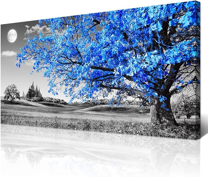 Wapluam Canvas Wall Art For Living Room Modern Wall Decor For Bedroom Black And White Wall Paintings Blue Tree Scenery Pictures Prints Artwork Office Decor Room Aesthetic Home Decor 20" X 40"