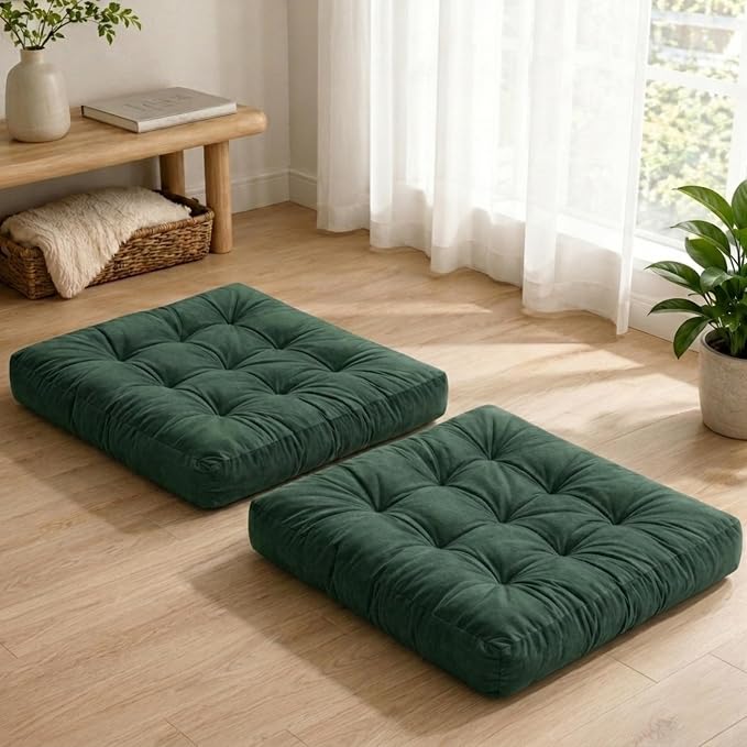Floor Pillows for Adults Set of 2, Soft Velvet Floor Cushions for Sitting, Square Tufted Floor Pillow Set for Reading Nook, Living Room, Bedroom, 22 x 22 Inch, Green