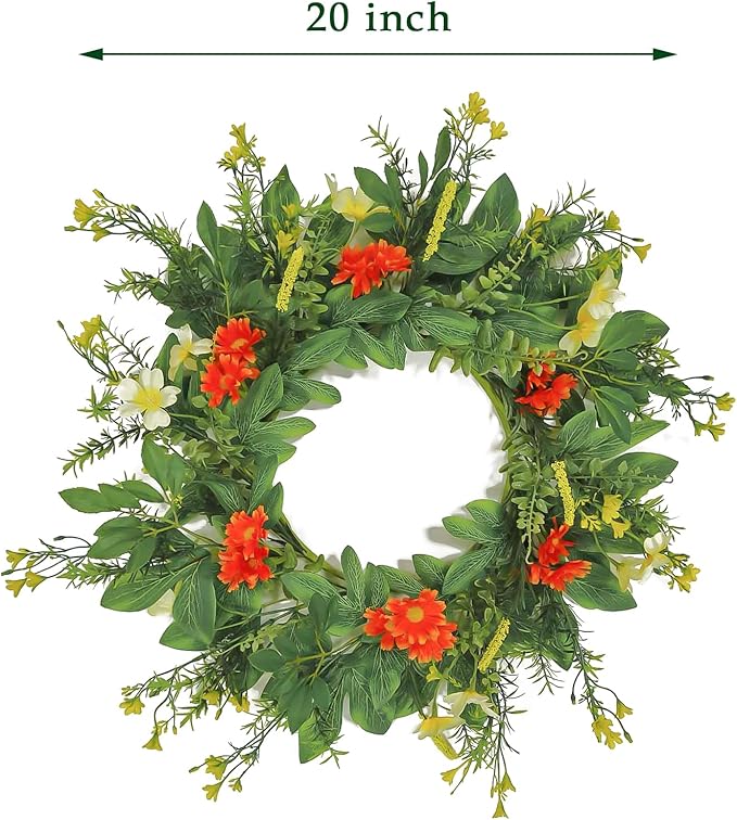 20 Inch Wreaths for Front Door, Spring Summer Flower Wreath - Red Daisy Artificial Flowers for Easter, Home Decor, Farmhouse Wall, Porch, Front Door Decorations