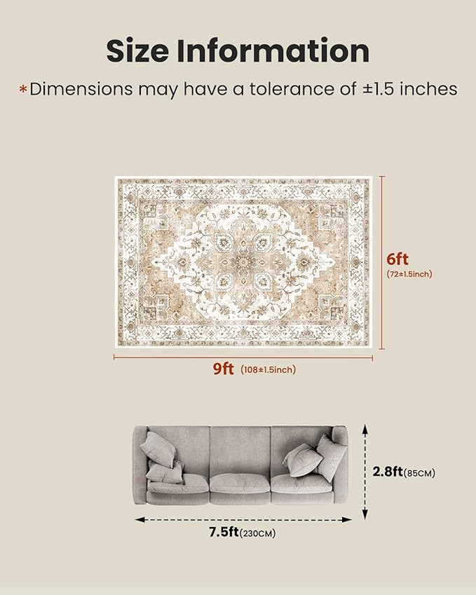 AMADA HOMEFURNISHING 6x9 Area Rugs, Beige Washable Rug Low-Profile with Non-Slip Backing & Durable Edge Binding, Vintage Rugs for Living Room, Bedroom, Dinning Room