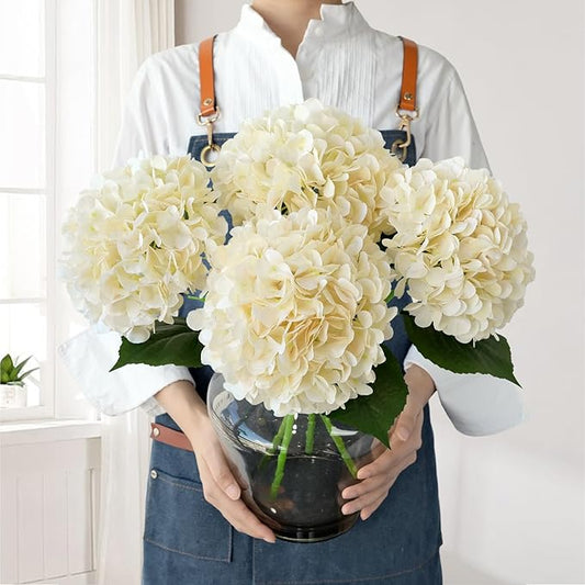 JINWOE Boho Silk Hydrangea Artificial Flowers, 4Pcs 22" Large Lifelike Flowers,Artificial Hydrangeas for Indoor Bouquet Table Centerpieces Home（Cream/Yellow）