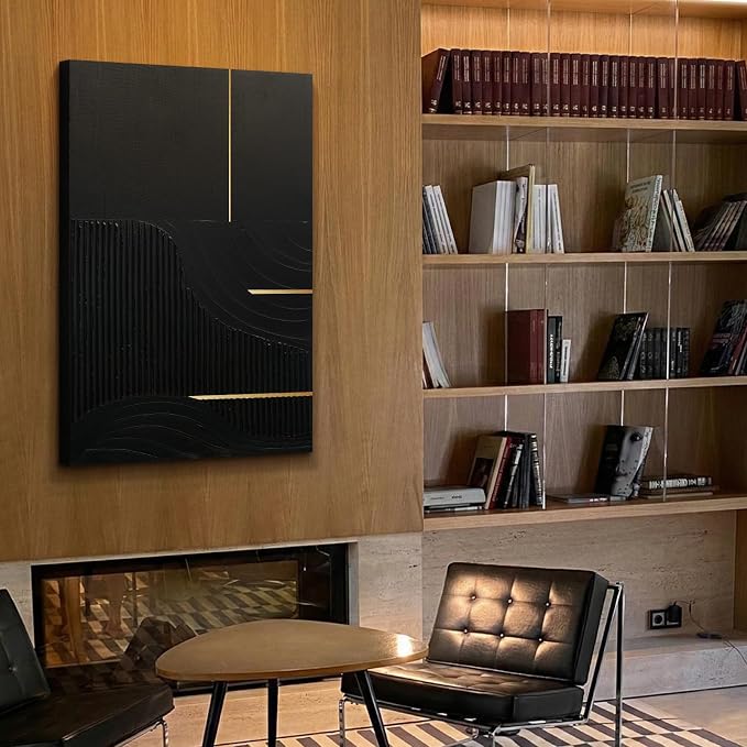 Hand-Painted Black & Gold Abstract Wall Art, Modern Textured Oil Painting | Original Vertical Canvas Artwork for Dining Room Bedroom Office, Minimalist Large Wall Decor for Living Room, 24x36 In