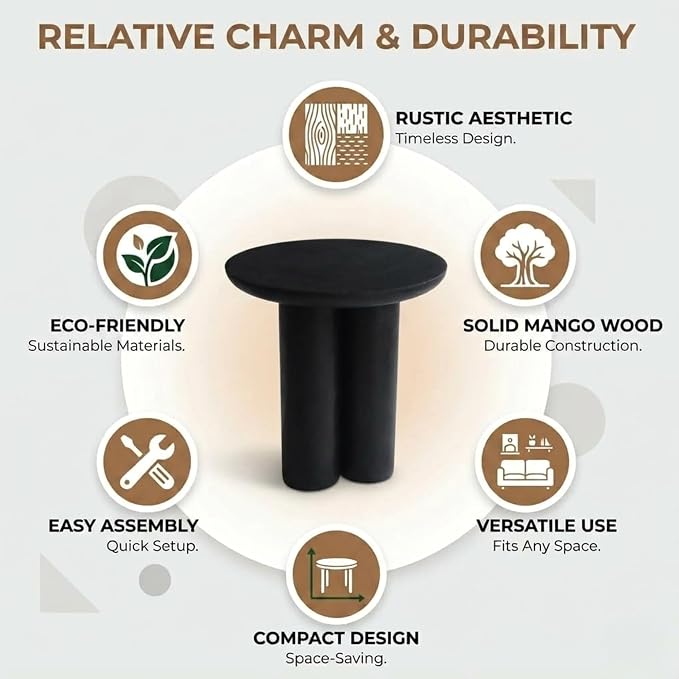 Relso Gaia Round End Table for Living Room and Bedroom, Solid Mango Wood Side Table or Nightstand, Black Finish, Compact Rustic Design, Boho Modern Farmhouse Style