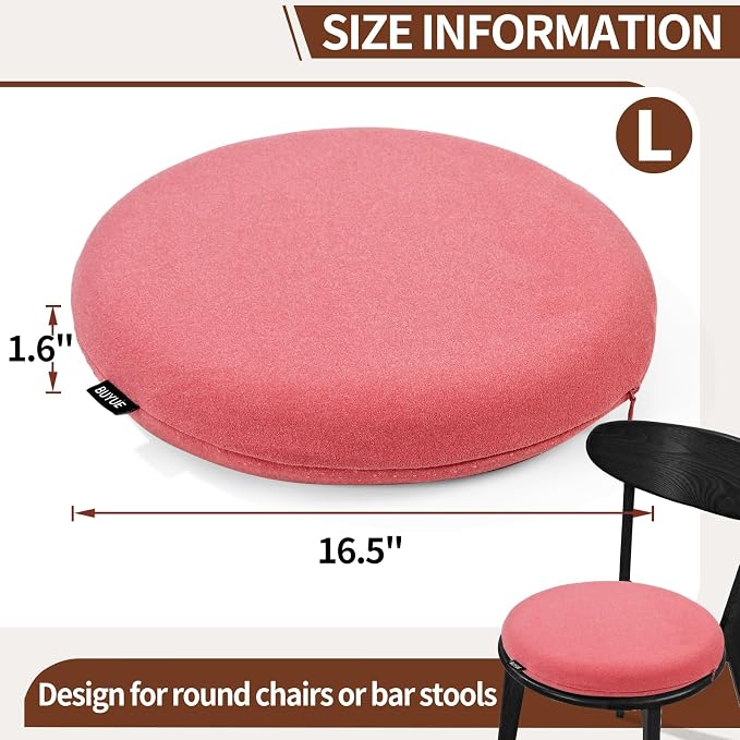 BUYUE Memory Foam Seat Cushion, Dia 16.5" Soft Velvet Round Stool Cushion Anti-Slip Chair Pads, L, Rose Pink