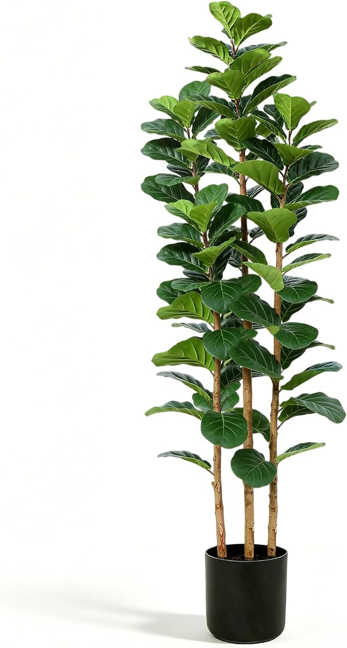 6ft Fake Fiddle Leaf Fig Tree, Realistic Fake Plants with Natural-Looking Trunk, Evergreen Faux Plants Indoor for Home & Office Decor（3 Poles, Black Pot）